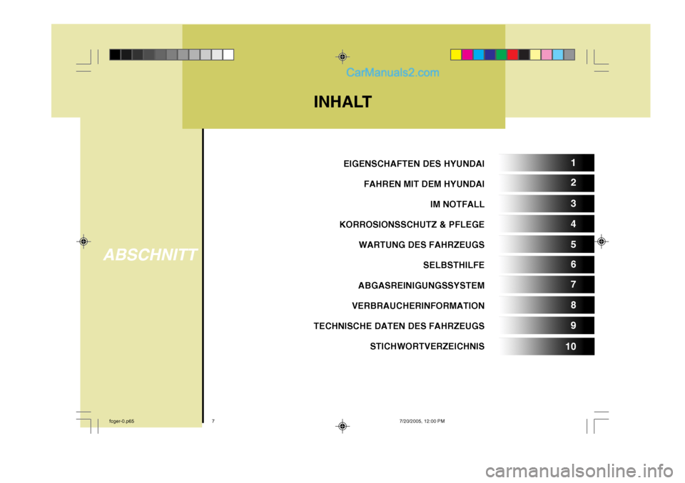 Hyundai Matrix 2005  Betriebsanleitung (in German) EIGENSCHAFTEN DES HYUNDAIFAHREN MIT DEM HYUNDAI IM NOTFALL
KORROSIONSSCHUTZ & PFLEGE WARTUNG DES FAHRZEUGS SELBSTHILFE
ABGASREINIGUNGSSYSTEM
VERBRAUCHERINFORMATION
TECHNISCHE DATEN DES FAHRZEUGS
STICH