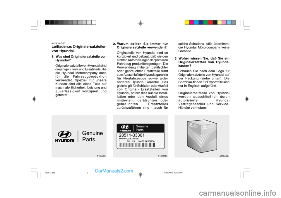 Hyundai Matrix 2005  Betriebsanleitung (in German) A100A10L-GST Leitfaden zu Originalersatzteilen von Hyundai. 
1. Was sind Originalersatzteile vonHyundai? Originalersatzteile von Hyundai sind diejenigen Teile und Ersatzteile, diedie Hyundai Motorcomp