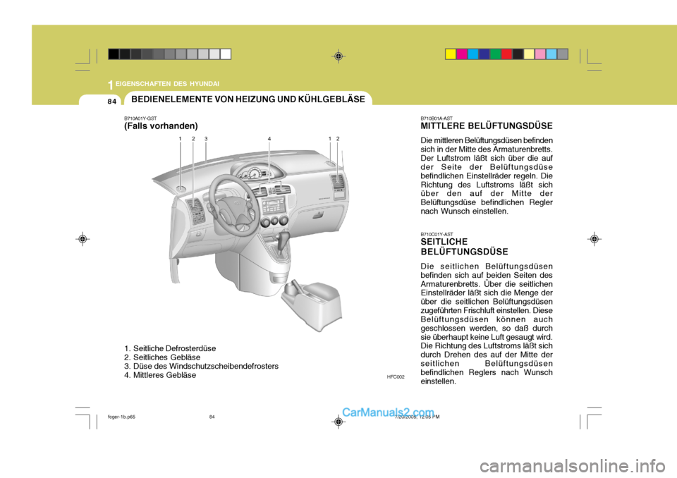 Hyundai Matrix 2005 Betriebsanleitung (in German) 1EIGENSCHAFTEN DES HYUNDAI
84
B710B01A-AST MITTLERE BELÜFTUNGSDÜSE Die mittleren Belüftungsdüsen befinden
sich in der Mitte des Armaturenbretts.
Der Luftstrom läßt sich über die auf
der Seite d Hyundai Matrix 2005 Betriebsanleitung (in German) 1EIGENSCHAFTEN DES HYUNDAI
84
B710B01A-AST MITTLERE BELÜFTUNGSDÜSE Die mittleren Belüftungsdüsen befinden
sich in der Mitte des Armaturenbretts.
Der Luftstrom läßt sich über die auf
der Seite d