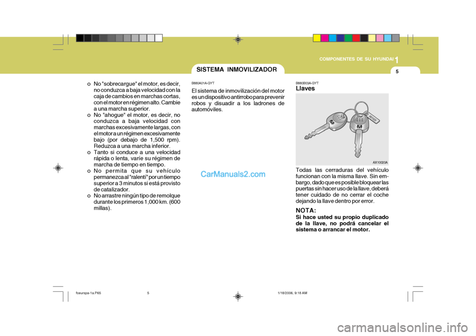 Hyundai Matrix 2005 Manual del propietario (in Spanish) 1
COMPONENTES DE SU HYUNDAI
5
o No "sobrecargue" el motor, es decir, no conduzca a baja velocidad con la caja de cambios en marchas cortas, con el motor en régimen alto. Cambie a una marcha superior. Hyundai Matrix 2005 Manual del propietario (in Spanish) 1
COMPONENTES DE SU HYUNDAI
5
o No "sobrecargue" el motor, es decir, no conduzca a baja velocidad con la caja de cambios en marchas cortas, con el motor en régimen alto. Cambie a una marcha superior.