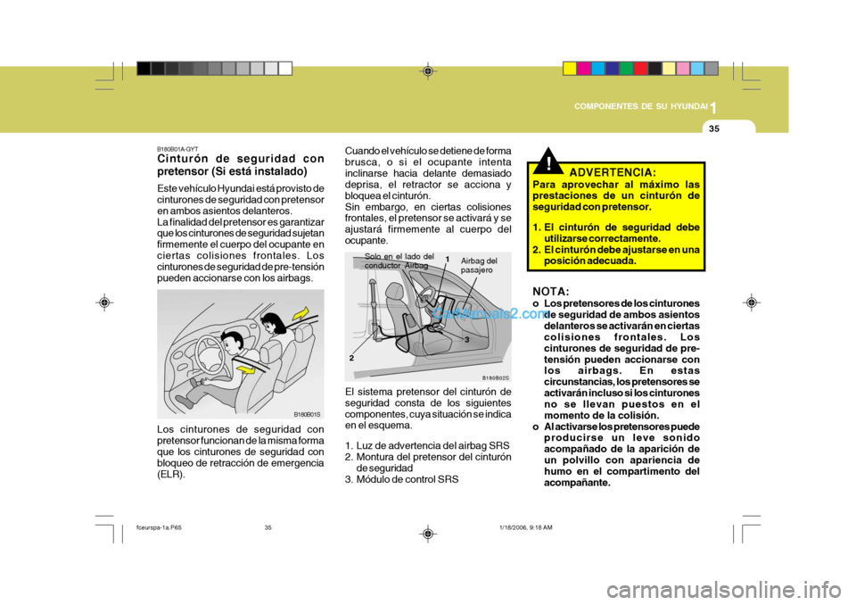 Hyundai Matrix 2005 Manual del propietario (in Spanish) 1
COMPONENTES DE SU HYUNDAI
35
!
B180B02S
Solo en el lado del conductor Airbag1
2 3Airbag del pasajero
Cuando el vehÃculo se detiene de forma brusca, o si el ocupante intentainclinarse hacia delante Hyundai Matrix 2005 Manual del propietario (in Spanish) 1
COMPONENTES DE SU HYUNDAI
35
!
B180B02S
Solo en el lado del conductor Airbag1
2 3Airbag del pasajero
Cuando el vehÃculo se detiene de forma brusca, o si el ocupante intentainclinarse hacia delante