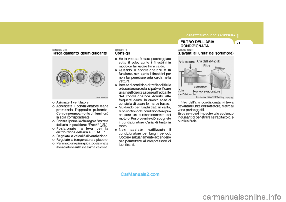 Hyundai Matrix 2005 Manuale del proprietario (in Italian) 1
CARATTERISTICHE DELLA VETTURA
91
o Azionate il ventilatore.
o Accendete il condizionatore daria
premendo lapposito pulsante.Contemporaneamente si illumineràla spia corrispondente.
o Portare il p Hyundai Matrix 2005 Manuale del proprietario (in Italian) 1
CARATTERISTICHE DELLA VETTURA
91
o Azionate il ventilatore.
o Accendete il condizionatore daria
premendo lapposito pulsante.Contemporaneamente si illumineràla spia corrispondente.
o Portare il p