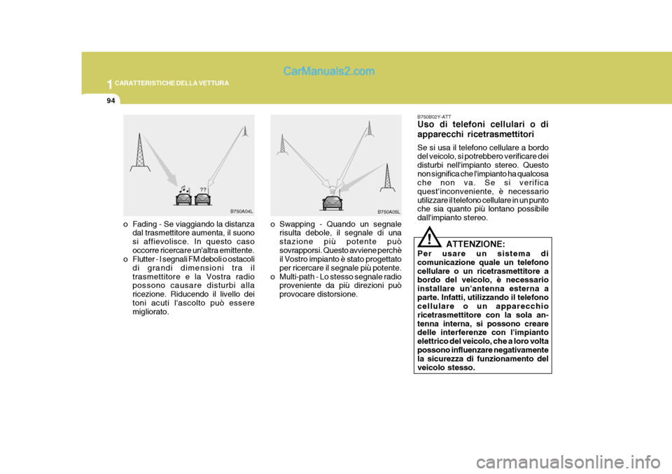 Hyundai Matrix 2005 Manuale del proprietario (in Italian) 1CARATTERISTICHE DELLA VETTURA
94
B750A04L
B750A05L
o Fading - Se viaggiando la distanza dal trasmettitore aumenta, il suono si affievolisce. In questo casooccorre ricercare unaltra emittente.
o Flut Hyundai Matrix 2005 Manuale del proprietario (in Italian) 1CARATTERISTICHE DELLA VETTURA
94
B750A04L
B750A05L
o Fading - Se viaggiando la distanza dal trasmettitore aumenta, il suono si affievolisce. In questo casooccorre ricercare unaltra emittente.
o Flut
