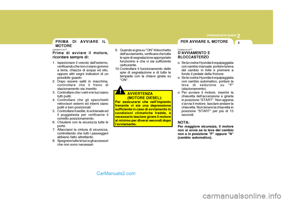 Hyundai Matrix 2005 Manuale del proprietario (in Italian) 2
OPERAZIONI DI GUIDA
3PRIMA DI AVVIARE IL MOTORE
C020A01O-ATT Prima di avviare il motore, ricordare sempre di:
1. Ispezionare il veicolo dall’esterno,
verificando che non ci siano gomme a terra, c Hyundai Matrix 2005 Manuale del proprietario (in Italian) 2
OPERAZIONI DI GUIDA
3PRIMA DI AVVIARE IL MOTORE
C020A01O-ATT Prima di avviare il motore, ricordare sempre di:
1. Ispezionare il veicolo dall’esterno,
verificando che non ci siano gomme a terra, c