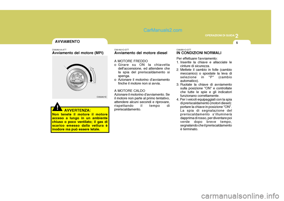 Hyundai Matrix 2005 Manuale del proprietario (in Italian) 2
OPERAZIONI DI GUIDA
5
!
AVVIAMENTO
C050A01A-ATT Avviamento del motore (MPI)
AVVERTENZA:
Non tenete il motore il motore acceso a lungo in un ambiente chiuso o poco ventilato; il gas di scarico emesso Hyundai Matrix 2005 Manuale del proprietario (in Italian) 2
OPERAZIONI DI GUIDA
5
!
AVVIAMENTO
C050A01A-ATT Avviamento del motore (MPI)
AVVERTENZA:
Non tenete il motore il motore acceso a lungo in un ambiente chiuso o poco ventilato; il gas di scarico emesso