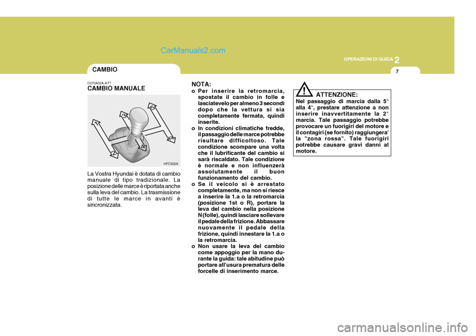 Hyundai Matrix 2005 Manuale del proprietario (in Italian) 2
OPERAZIONI DI GUIDA
7
!
CAMBIO
C070A02A-ATT CAMBIO MANUALE NOTA:
o Per inserire la retromarcia,
spostate il cambio in folle e lasciatevelo per almeno 3 secondidopo che la vettura si sia completamen Hyundai Matrix 2005 Manuale del proprietario (in Italian) 2
OPERAZIONI DI GUIDA
7
!
CAMBIO
C070A02A-ATT CAMBIO MANUALE NOTA:
o Per inserire la retromarcia,
spostate il cambio in folle e lasciatevelo per almeno 3 secondidopo che la vettura si sia completamen