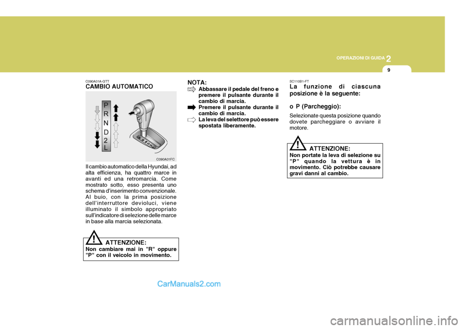 Hyundai Matrix 2005 Manuale del proprietario (in Italian) 2
OPERAZIONI DI GUIDA
9
!
C090A01FC
C090A01A-GTT CAMBIO AUTOMATICO Il cambio automatico della Hyundai, ad alta efficienza, ha quattro marce in avanti ed una retromarcia. Comemostrato sotto, esso prese Hyundai Matrix 2005 Manuale del proprietario (in Italian) 2
OPERAZIONI DI GUIDA
9
!
C090A01FC
C090A01A-GTT CAMBIO AUTOMATICO Il cambio automatico della Hyundai, ad alta efficienza, ha quattro marce in avanti ed una retromarcia. Comemostrato sotto, esso prese