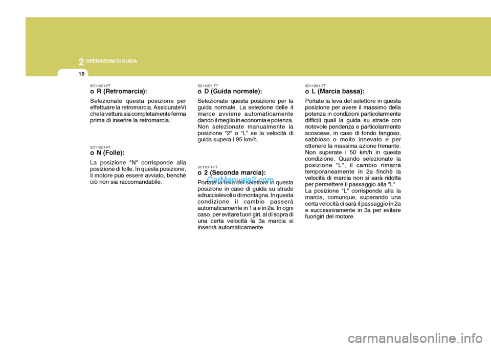 Hyundai Matrix 2005 Manuale del proprietario (in Italian) 2 OPERAZIONI DI GUIDA
10
SC110E1-FT
o D (Guida normale): Selezionate questa posizione per la guida normale. La selezione delle 4marce avviene automaticamente dando il meglio in economia e potenza. No Hyundai Matrix 2005 Manuale del proprietario (in Italian) 2 OPERAZIONI DI GUIDA
10
SC110E1-FT
o D (Guida normale): Selezionate questa posizione per la guida normale. La selezione delle 4marce avviene automaticamente dando il meglio in economia e potenza. No