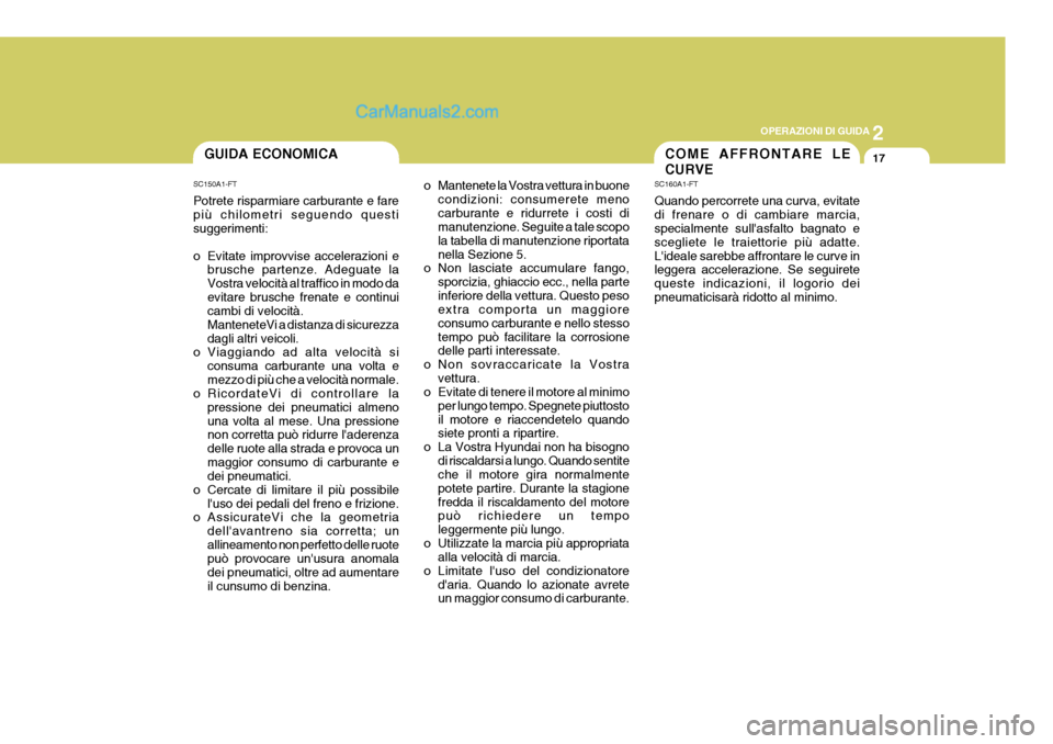 Hyundai Matrix 2005 Manuale del proprietario (in Italian) 2
OPERAZIONI DI GUIDA
17GUIDA ECONOMICA
SC150A1-FT Potrete risparmiare carburante e fare più chilometri seguendo questi suggerimenti:
o Evitate improvvise accelerazioni e brusche partenze. Adeguate Hyundai Matrix 2005 Manuale del proprietario (in Italian) 2
OPERAZIONI DI GUIDA
17GUIDA ECONOMICA
SC150A1-FT Potrete risparmiare carburante e fare più chilometri seguendo questi suggerimenti:
o Evitate improvvise accelerazioni e brusche partenze. Adeguate