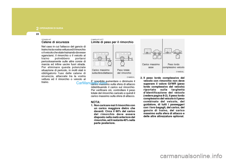 Hyundai Matrix 2005 Manuale del proprietario (in Italian) 2 OPERAZIONI DI GUIDA
22
YC200D2-AT Catene di sicurezza Nel caso in cui lattacco del gancio di traino tra la vostra vettura ed il rimorchioo il veicolo che state trainando dovesse sganciarsi, il rimo Hyundai Matrix 2005 Manuale del proprietario (in Italian) 2 OPERAZIONI DI GUIDA
22
YC200D2-AT Catene di sicurezza Nel caso in cui lattacco del gancio di traino tra la vostra vettura ed il rimorchioo il veicolo che state trainando dovesse sganciarsi, il rimo