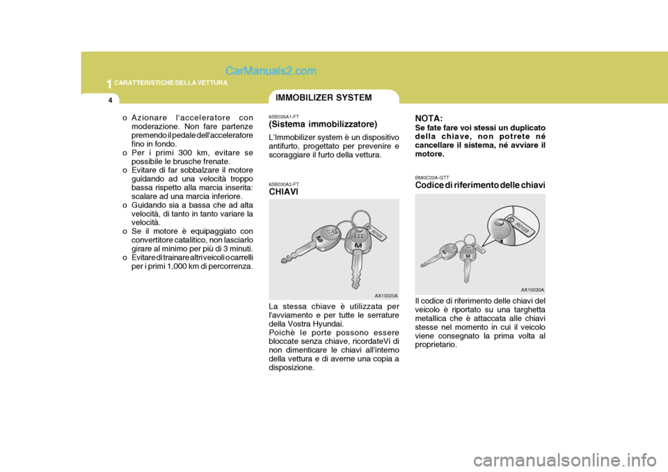 Hyundai Matrix 2005 Manuale del proprietario (in Italian) 1CARATTERISTICHE DELLA VETTURA
4IMMOBILIZER SYSTEM
6SB035A1-FT (Sistema immobilizzatore) LImmobilizer system è un dispositivo antifurto, progettato per prevenire escoraggiare il furto della vettura. Hyundai Matrix 2005 Manuale del proprietario (in Italian) 1CARATTERISTICHE DELLA VETTURA
4IMMOBILIZER SYSTEM
6SB035A1-FT (Sistema immobilizzatore) LImmobilizer system è un dispositivo antifurto, progettato per prevenire escoraggiare il furto della vettura.