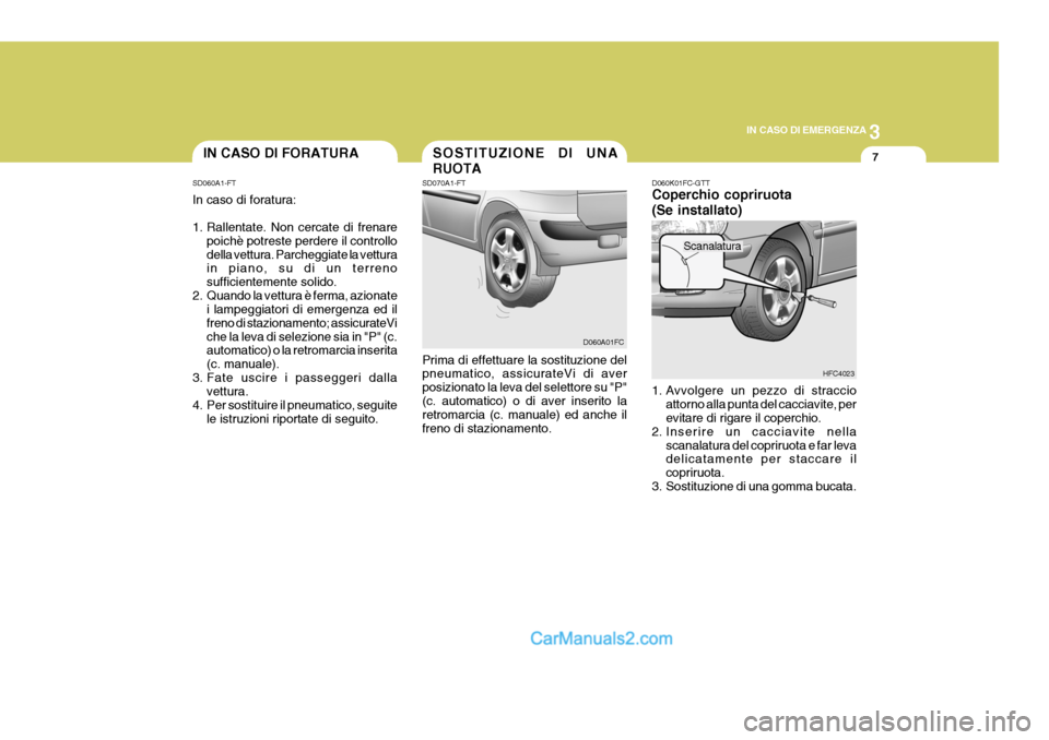 Hyundai Matrix 2005 Manuale del proprietario (in Italian) 3
IN CASO DI EMERGENZA
7SOSTITUZIONE DI UNA RUOTAIN CASO DI FORATURA
SD060A1-FT In caso di foratura:
1. Rallentate. Non cercate di frenare poichè potreste perdere il controllo della vettura. Parcheg Hyundai Matrix 2005 Manuale del proprietario (in Italian) 3
IN CASO DI EMERGENZA
7SOSTITUZIONE DI UNA RUOTAIN CASO DI FORATURA
SD060A1-FT In caso di foratura:
1. Rallentate. Non cercate di frenare poichè potreste perdere il controllo della vettura. Parcheg