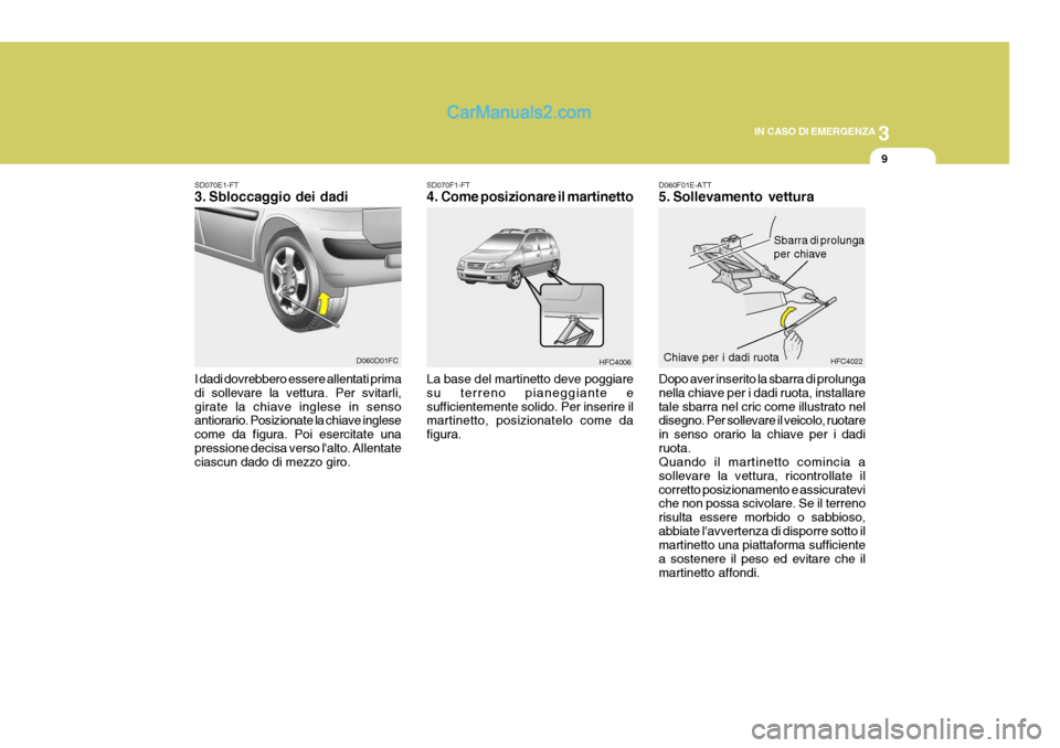 Hyundai Matrix 2005 Manuale del proprietario (in Italian) 3
IN CASO DI EMERGENZA
9
SD070E1-FT
3. Sbloccaggio dei dadi I dadi dovrebbero essere allentati prima di sollevare la vettura. Per svitarli,girate la chiave inglese in senso antiorario. Posizionate la Hyundai Matrix 2005 Manuale del proprietario (in Italian) 3
IN CASO DI EMERGENZA
9
SD070E1-FT
3. Sbloccaggio dei dadi I dadi dovrebbero essere allentati prima di sollevare la vettura. Per svitarli,girate la chiave inglese in senso antiorario. Posizionate la