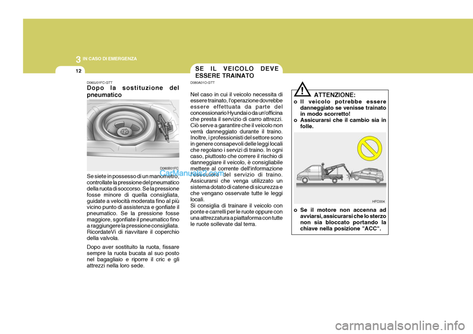 Hyundai Matrix 2005 Manuale del proprietario (in Italian) 3 IN CASO DI EMERGENZA
12
D060B01FC
D060J01FC-GTT Dopo la sostituzione del pneumatico Se siete in possesso di un manometro, controllate la pressione del pneumatico della ruota di soccorso. Se la press Hyundai Matrix 2005 Manuale del proprietario (in Italian) 3 IN CASO DI EMERGENZA
12
D060B01FC
D060J01FC-GTT Dopo la sostituzione del pneumatico Se siete in possesso di un manometro, controllate la pressione del pneumatico della ruota di soccorso. Se la press