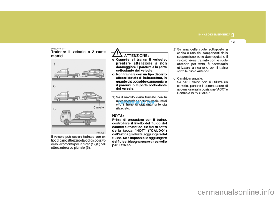 Hyundai Matrix 2005 Manuale del proprietario (in Italian) 3
IN CASO DI EMERGENZA
13
D080B01O-GTT Trainare il veicolo a 2 ruote motrici
HFC005
Il veicolo può essere trainato con un tipo di carro attrezzi dotato di dispositivo di sollevamento per le ruote (1) Hyundai Matrix 2005 Manuale del proprietario (in Italian) 3
IN CASO DI EMERGENZA
13
D080B01O-GTT Trainare il veicolo a 2 ruote motrici
HFC005
Il veicolo può essere trainato con un tipo di carro attrezzi dotato di dispositivo di sollevamento per le ruote (1)
