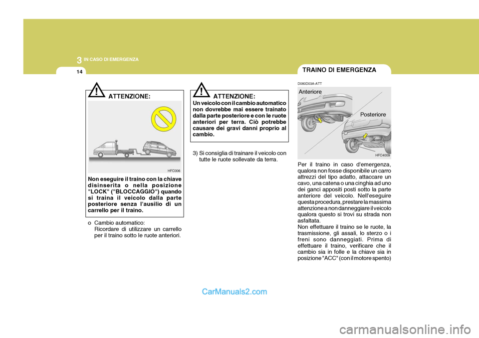 Hyundai Matrix 2005 Manuale del proprietario (in Italian) 3 IN CASO DI EMERGENZA
14TRAINO DI EMERGENZA
HFC4009
D080D03A-ATT Per il traino in caso demergenza, qualora non fosse disponibile un carro attrezzi del tipo adatto, attaccare un cavo, una catena o un Hyundai Matrix 2005 Manuale del proprietario (in Italian) 3 IN CASO DI EMERGENZA
14TRAINO DI EMERGENZA
HFC4009
D080D03A-ATT Per il traino in caso demergenza, qualora non fosse disponibile un carro attrezzi del tipo adatto, attaccare un cavo, una catena o un
