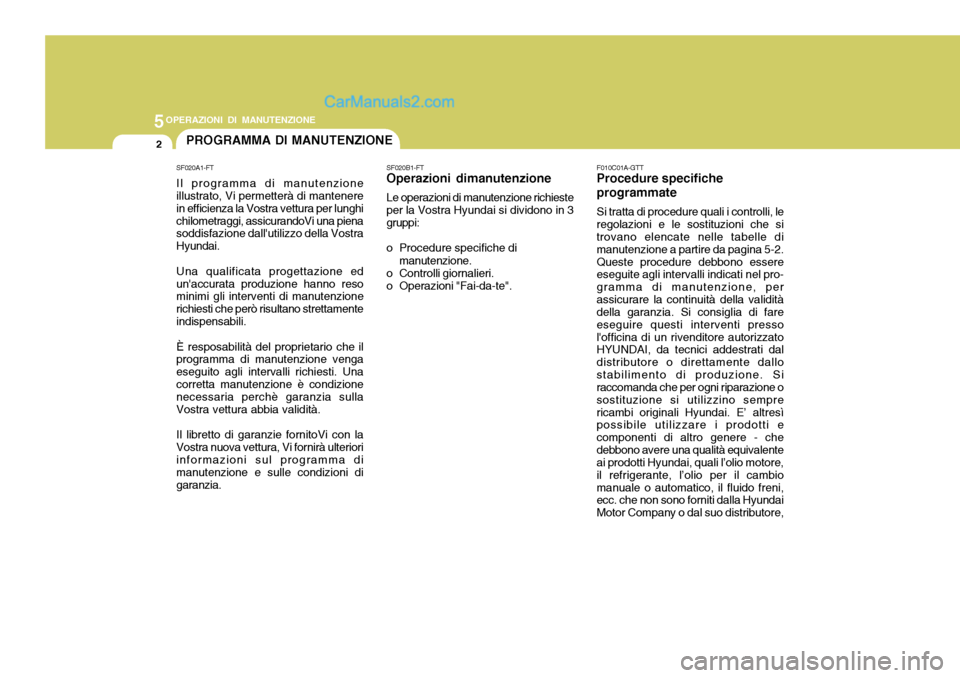 Hyundai Matrix 2005 Manuale del proprietario (in Italian) 5OPERAZIONI DI MANUTENZIONE
2PROGRAMMA DI MANUTENZIONE
SF020A1-FT Il programma di manutenzione illustrato, Vi permetterà di mantenere in efficienza la Vostra vettura per lunghichilometraggi, assicura Hyundai Matrix 2005 Manuale del proprietario (in Italian) 5OPERAZIONI DI MANUTENZIONE
2PROGRAMMA DI MANUTENZIONE
SF020A1-FT Il programma di manutenzione illustrato, Vi permetterà di mantenere in efficienza la Vostra vettura per lunghichilometraggi, assicura
