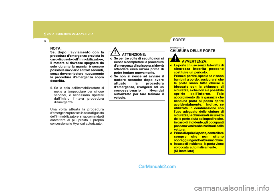 Hyundai Matrix 2005 Manuale del proprietario (in Italian) 1CARATTERISTICHE DELLA VETTURA
6
!
NOTA: Se, dopo lavviamento con la procedura demergenza prevista in caso di guasto dellimmobilizzatore,il motore si dovesse spegnere da solo durante la marcia, è Hyundai Matrix 2005 Manuale del proprietario (in Italian) 1CARATTERISTICHE DELLA VETTURA
6
!
NOTA: Se, dopo lavviamento con la procedura demergenza prevista in caso di guasto dellimmobilizzatore,il motore si dovesse spegnere da solo durante la marcia, è