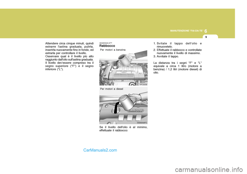Hyundai Matrix 2005 Manuale del proprietario (in Italian) 6
MANUTENZIONE "FAI-DA-TE"
9
Attendere circa cinque minuti, quindi estrarre lastina graduata, pulirla,inserirla nuovamente fino in fondo, ed estrarla per controllare il livello. Osservare qual è il Hyundai Matrix 2005 Manuale del proprietario (in Italian) 6
MANUTENZIONE "FAI-DA-TE"
9
Attendere circa cinque minuti, quindi estrarre lastina graduata, pulirla,inserirla nuovamente fino in fondo, ed estrarla per controllare il livello. Osservare qual è il