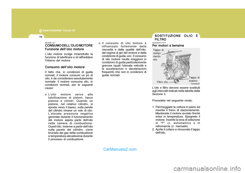 Hyundai Matrix 2005 Manuale del proprietario (in Italian) 6 MANUTENZIONE "FAI-DA-TE"
10
o Il consumo di olio motore èinfluenzato fortemente dalla viscosità e dalla qualità dell’olio, dal regime di giri del motore e dalla condizione di guida, ecc. Il con Hyundai Matrix 2005 Manuale del proprietario (in Italian) 6 MANUTENZIONE "FAI-DA-TE"
10
o Il consumo di olio motore èinfluenzato fortemente dalla viscosità e dalla qualità dell’olio, dal regime di giri del motore e dalla condizione di guida, ecc. Il con