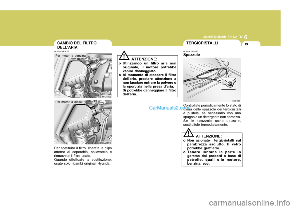 Hyundai Matrix 2005 Manuale del proprietario (in Italian) 6
MANUTENZIONE "FAI-DA-TE"
19
!
CAMBIO DEL FILTRO DELLARIA
G070A01E-ATT
Per sostituire il filtro, liberate le clips attorno al coperchio, sollevatelo e rimuovete il filtro usato. Quando effettuate la Hyundai Matrix 2005 Manuale del proprietario (in Italian) 6
MANUTENZIONE "FAI-DA-TE"
19
!
CAMBIO DEL FILTRO DELLARIA
G070A01E-ATT
Per sostituire il filtro, liberate le clips attorno al coperchio, sollevatelo e rimuovete il filtro usato. Quando effettuate la