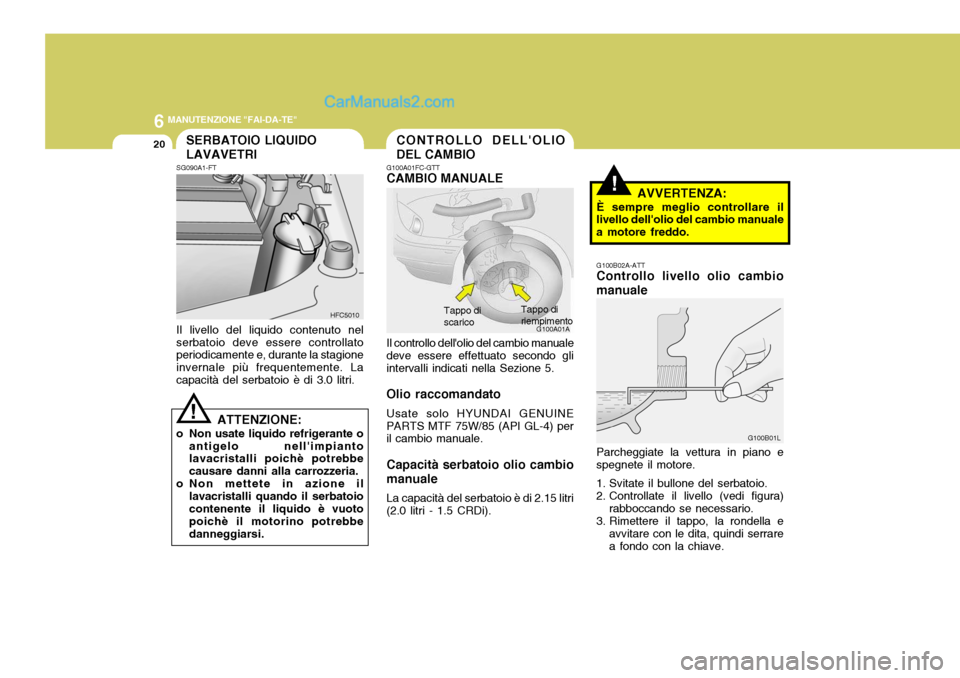 Hyundai Matrix 2005 Manuale del proprietario (in Italian) 6 MANUTENZIONE "FAI-DA-TE"
20
Il controllo dellolio del cambio manuale
deve essere effettuato secondo gli intervalli indicati nella Sezione 5. Olio raccomandato
Usate solo HYUNDAI GENUINE
PARTS MTF 7 Hyundai Matrix 2005 Manuale del proprietario (in Italian) 6 MANUTENZIONE "FAI-DA-TE"
20
Il controllo dellolio del cambio manuale
deve essere effettuato secondo gli intervalli indicati nella Sezione 5. Olio raccomandato
Usate solo HYUNDAI GENUINE
PARTS MTF 7