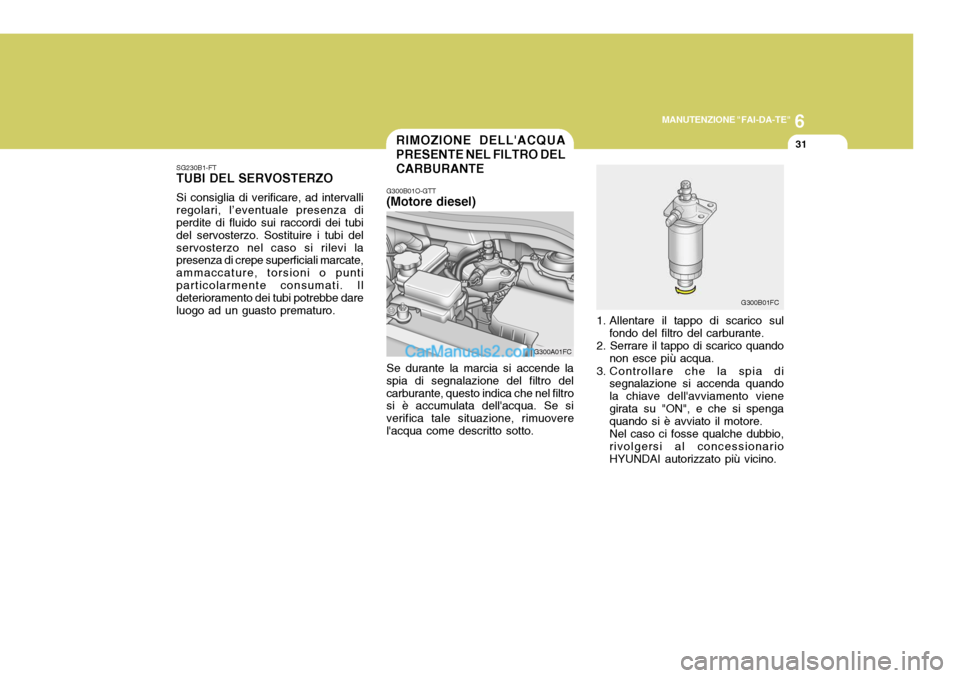 Hyundai Matrix 2005 Manuale del proprietario (in Italian) 6
MANUTENZIONE "FAI-DA-TE"
31
SG230B1-FT
TUBI DEL SERVOSTERZO
Si consiglia di verificare, ad intervalli regolari, l’eventuale presenza di perdite di fluido sui raccordi dei tubi del servosterzo. Sos Hyundai Matrix 2005 Manuale del proprietario (in Italian) 6
MANUTENZIONE "FAI-DA-TE"
31
SG230B1-FT
TUBI DEL SERVOSTERZO
Si consiglia di verificare, ad intervalli regolari, l’eventuale presenza di perdite di fluido sui raccordi dei tubi del servosterzo. Sos