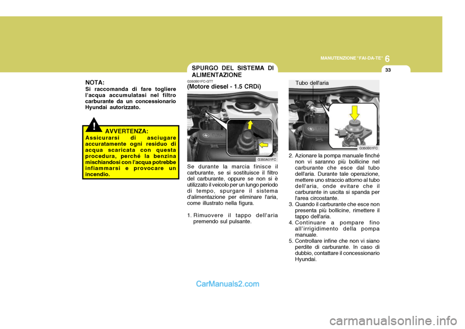 Hyundai Matrix 2005 Manuale del proprietario (in Italian) 6
MANUTENZIONE "FAI-DA-TE"
33
2. Azionare la pompa manuale finché
non vi saranno più bollicine nel carburante che esce dal tubo dellaria. Durante tale operazione, mettere uno straccio attorno al tu Hyundai Matrix 2005 Manuale del proprietario (in Italian) 6
MANUTENZIONE "FAI-DA-TE"
33
2. Azionare la pompa manuale finché
non vi saranno più bollicine nel carburante che esce dal tubo dellaria. Durante tale operazione, mettere uno straccio attorno al tu