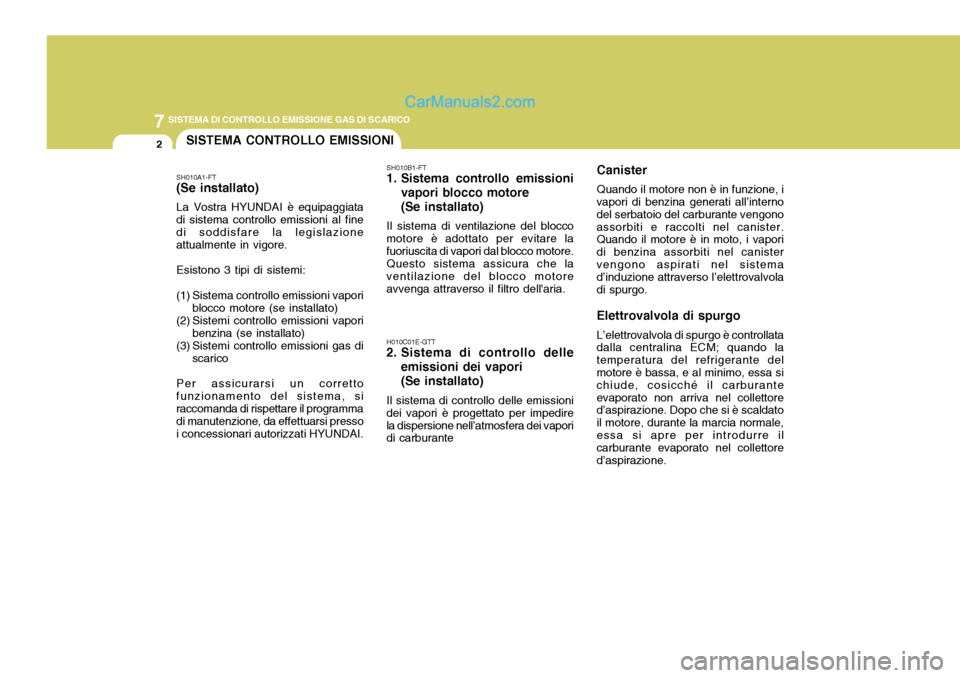 Hyundai Matrix 2005 Manuale del proprietario (in Italian) 7SISTEMA DI CONTROLLO EMISSIONE GAS DI SCARICO
2SISTEMA CONTROLLO EMISSIONI
SH010A1-FT (Se installato) La Vostra HYUNDAI è equipaggiata di sistema controllo emissioni al finedi soddisfare la legislaz Hyundai Matrix 2005 Manuale del proprietario (in Italian) 7SISTEMA DI CONTROLLO EMISSIONE GAS DI SCARICO
2SISTEMA CONTROLLO EMISSIONI
SH010A1-FT (Se installato) La Vostra HYUNDAI è equipaggiata di sistema controllo emissioni al finedi soddisfare la legislaz