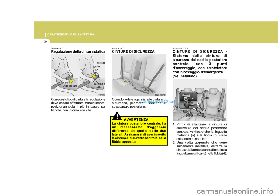 Hyundai Matrix 2005 Manuale del proprietario (in Italian) 1CARATTERISTICHE DELLA VETTURA
24
B220A01FC-GTT CINTURE DI SICUREZZA - Sistema della cintura disicurezza del sedile posteriorecentrale, con 3 puntidancoraggio, con arrotolatore con bloccaggio demerg Hyundai Matrix 2005 Manuale del proprietario (in Italian) 1CARATTERISTICHE DELLA VETTURA
24
B220A01FC-GTT CINTURE DI SICUREZZA - Sistema della cintura disicurezza del sedile posteriorecentrale, con 3 puntidancoraggio, con arrotolatore con bloccaggio demerg