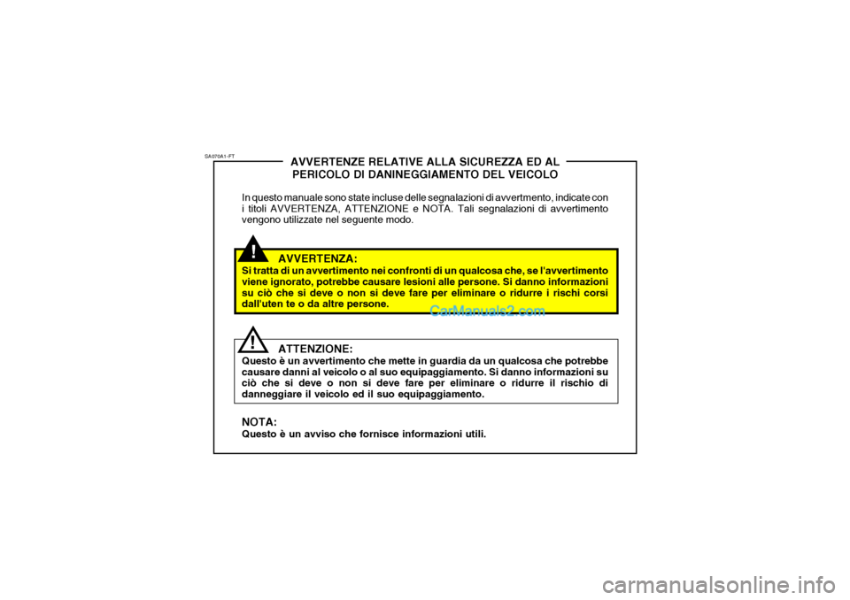 Hyundai Matrix 2005 Manuale del proprietario (in Italian) !
SA070A1-FT
!AVVERTENZE RELATIVE ALLA SICUREZZA ED AL
PERICOLO DI DANINEGGIAMENTO DEL VEICOLO
In questo manuale sono state incluse delle segnalazioni di avvertmento, indicate con i titoli AVVERTENZA, Hyundai Matrix 2005 Manuale del proprietario (in Italian) !
SA070A1-FT
!AVVERTENZE RELATIVE ALLA SICUREZZA ED AL
PERICOLO DI DANINEGGIAMENTO DEL VEICOLO
In questo manuale sono state incluse delle segnalazioni di avvertmento, indicate con i titoli AVVERTENZA,