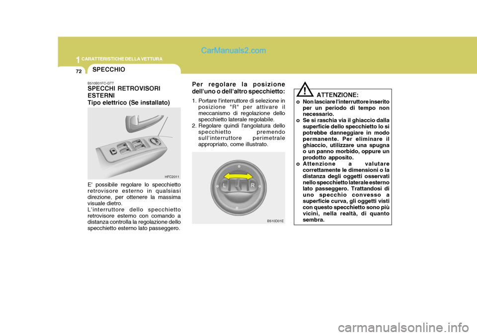 Hyundai Matrix 2005 Manuale del proprietario (in Italian) 1CARATTERISTICHE DELLA VETTURA
72
!
ATTENZIONE:
o Non lasciare linterruttore inserito per un periodo di tempo non necessario.
o Se si raschia via il ghiaccio dalla superficie dello specchietto lo sip Hyundai Matrix 2005 Manuale del proprietario (in Italian) 1CARATTERISTICHE DELLA VETTURA
72
!
ATTENZIONE:
o Non lasciare linterruttore inserito per un periodo di tempo non necessario.
o Se si raschia via il ghiaccio dalla superficie dello specchietto lo sip