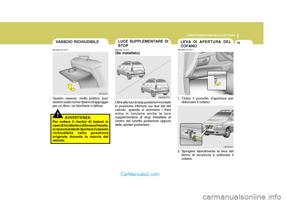 Hyundai Matrix 2005 Manuale del proprietario (in Italian) 1
CARATTERISTICHE DELLA VETTURA
75LUCE SUPPLEMENTARE DI STOP
B550A01Y-ATT (Se installato) Oltre alle luci di stop posteriori montate in posizione inferiore sui due lati del veicolo, quando si azionano Hyundai Matrix 2005 Manuale del proprietario (in Italian) 1
CARATTERISTICHE DELLA VETTURA
75LUCE SUPPLEMENTARE DI STOP
B550A01Y-ATT (Se installato) Oltre alle luci di stop posteriori montate in posizione inferiore sui due lati del veicolo, quando si azionano