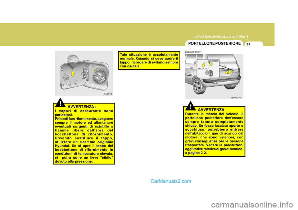 Hyundai Matrix 2005 Manuale del proprietario (in Italian) 1
CARATTERISTICHE DELLA VETTURA
77
!AVVERTENZA :
I vapori di carburante sono pericolosi.Prima di fare rifornimento, spegnere sempre il motore ed allontanare eventuali sorgenti di scintille ofiamme lib Hyundai Matrix 2005 Manuale del proprietario (in Italian) 1
CARATTERISTICHE DELLA VETTURA
77
!AVVERTENZA :
I vapori di carburante sono pericolosi.Prima di fare rifornimento, spegnere sempre il motore ed allontanare eventuali sorgenti di scintille ofiamme lib