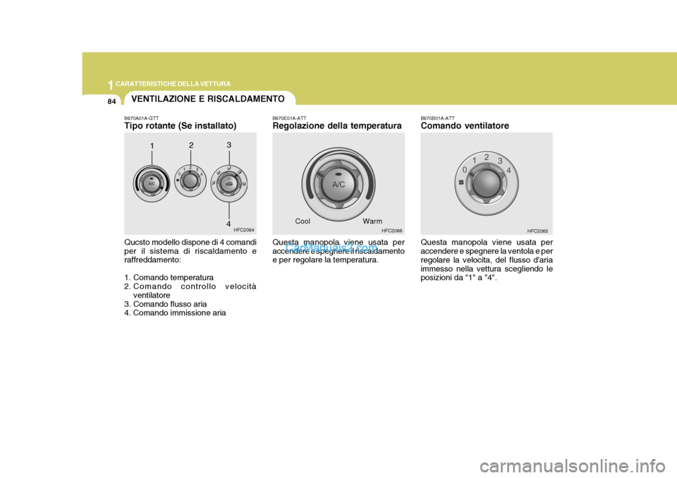 Hyundai Matrix 2005 Manuale del proprietario (in Italian) 1CARATTERISTICHE DELLA VETTURA
84
B670A01A-GTT Tipo rotante (Se installato) Qucsto modello dispone di 4 comandi per il sistema di riscaldamento e raffreddamento: 1. Comando temperatura
2. Comando con Hyundai Matrix 2005 Manuale del proprietario (in Italian) 1CARATTERISTICHE DELLA VETTURA
84
B670A01A-GTT Tipo rotante (Se installato) Qucsto modello dispone di 4 comandi per il sistema di riscaldamento e raffreddamento: 1. Comando temperatura
2. Comando con