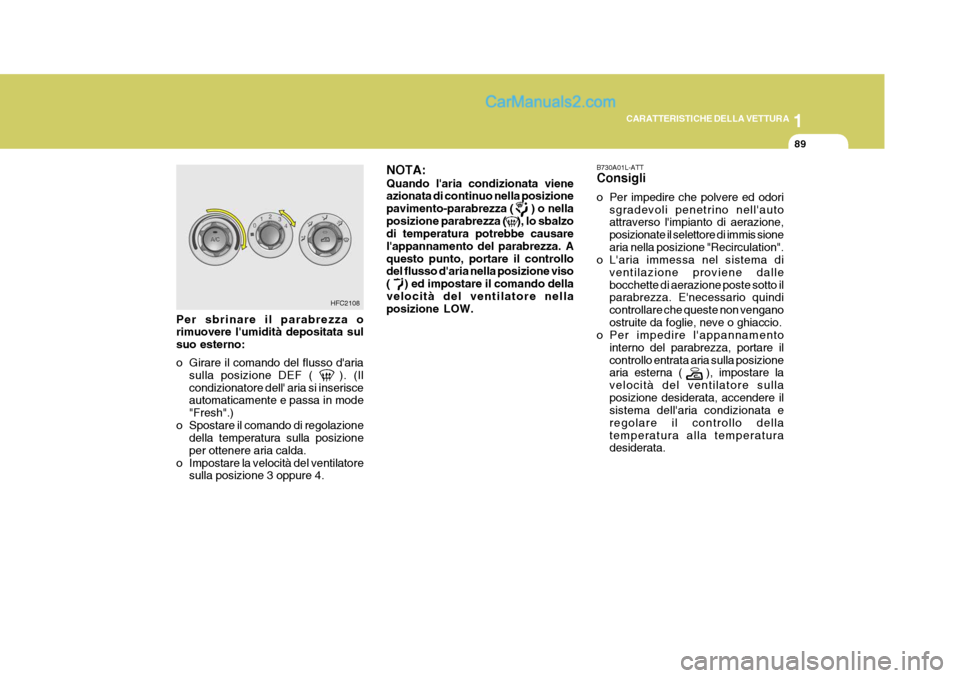 Hyundai Matrix 2005 Manuale del proprietario (in Italian) 1
CARATTERISTICHE DELLA VETTURA
89
Per sbrinare il parabrezza o rimuovere lumidità depositata sul suo esterno:
o Girare il comando del flusso daria
sulla posizione DEF ( ). (Il condizionatore d Hyundai Matrix 2005 Manuale del proprietario (in Italian) 1
CARATTERISTICHE DELLA VETTURA
89
Per sbrinare il parabrezza o rimuovere lumidità depositata sul suo esterno:
o Girare il comando del flusso daria
sulla posizione DEF ( ). (Il condizionatore d