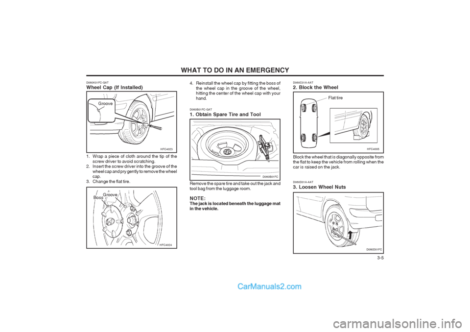 Hyundai Matrix 2004  Owners Manual WHAT TO DO IN AN EMERGENCY  3-5
D060C01A-AAT 2. Block the Wheel Block the wheel that is diagonally opposite from the flat to keep the vehicle from rolling when the car is raised on the jack.
Flat tire