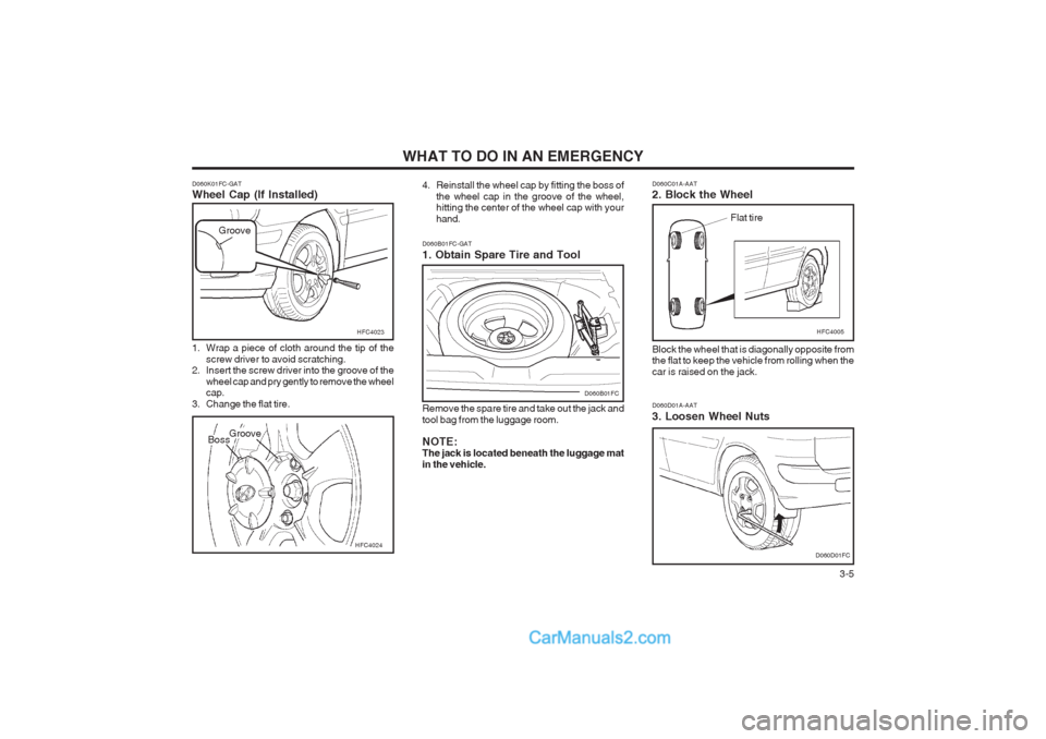 Hyundai Matrix 2004 Owners Manual WHAT TO DO IN AN EMERGENCY 3-5
D060C01A-AAT 2. Block the Wheel Block the wheel that is diagonally opposite from the flat to keep the vehicle from rolling when the car is raised on the jack.
Flat tire Hyundai Matrix 2004 Owners Manual WHAT TO DO IN AN EMERGENCY 3-5
D060C01A-AAT 2. Block the Wheel Block the wheel that is diagonally opposite from the flat to keep the vehicle from rolling when the car is raised on the jack.
Flat tire
