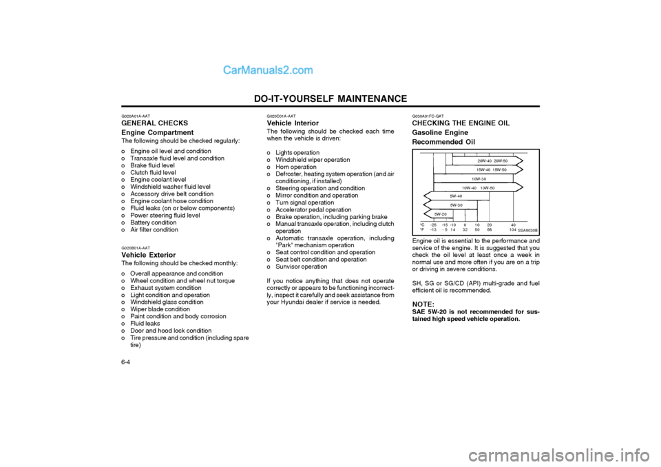 Hyundai Matrix 2004  Owners Manual DO-IT-YOURSELF MAINTENANCE
6-4
G020A01A-AAT
GENERAL CHECKS Engine Compartment
The following should be checked regularly:
o Engine oil level and condition 
o Transaxle fluid level and condition
o Brake