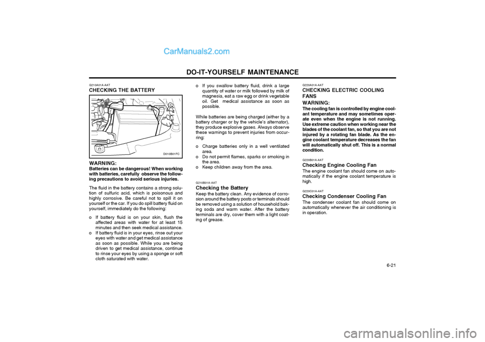 Hyundai Matrix 2004  Owners Manual DO-IT-YOURSELF MAINTENANCE  6-21
G210A01A-AAT
CHECKING THE BATTERY
WARNING: Batteries can be dangerous! When working
with batteries, carefully  observe the follow- ing precautions to avoid serious inj