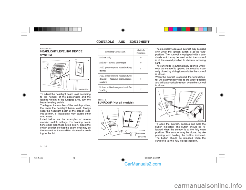 Hyundai Matrix 2004 User Guide CONTROLS AND EQUIPMENT
1- 42 SB330A1-E SUNROOF (Not all models)
To adjust the headlight beam level according to the number of the passengers and the loading weight in the luggage area, turn the beam l Hyundai Matrix 2004 User Guide CONTROLS AND EQUIPMENT
1- 42 SB330A1-E SUNROOF (Not all models)
To adjust the headlight beam level according to the number of the passengers and the loading weight in the luggage area, turn the beam l