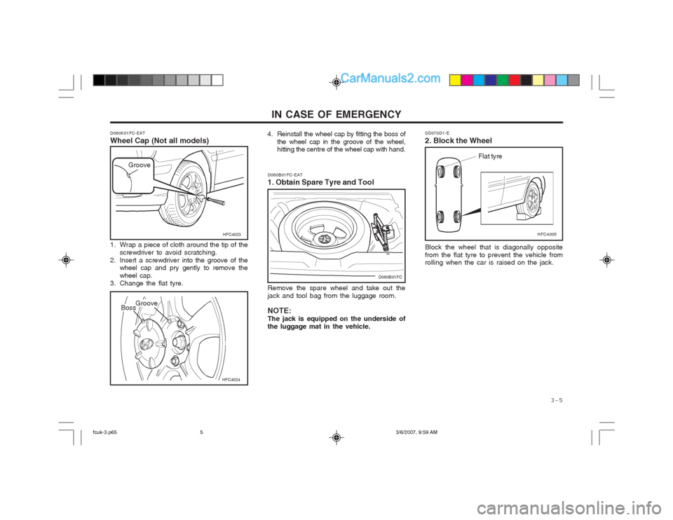 Hyundai Matrix 2004 Service Manual   3-5
IN CASE OF EMERGENCY
D060K01FC-EAT Wheel Cap (Not all models)
HFC4024
1. Wrap a piece of cloth around the tip of the
screwdriver  to avoid scratching.
2. Insert a screwdriver into the groove of 