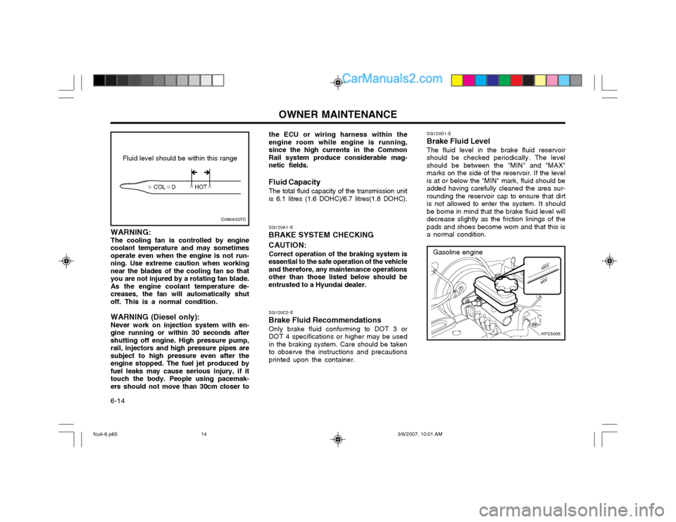 Hyundai Matrix 2004 Owners Guide OWNER MAINTENANCE
6-14 SG120D1-E
Brake Fluid Level
The fluid level in the brake fluid reservoir should be checked periodically. The levelshould be between the "MIN" and "MAX"marks on the side of the r