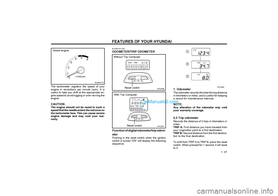 Hyundai Matrix 2004 Service Manual FEATURES OF YOUR HYUNDAI  1- 37
The tachometer registers the speed of your engine in revolutions per minute (rpm). It isuseful to help you shift at the appropriate en-gine speed to avoid lugging or ov