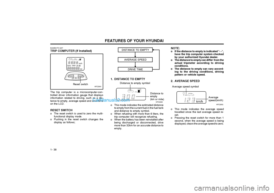 Hyundai Matrix 2004 Service Manual FEATURES OF YOUR HYUNDAI
1- 38
The trip computer is a microcomputer-con- trolled driver information gauge that displaysinformation related to driving, such as a dis-tance to empty, average speed and d