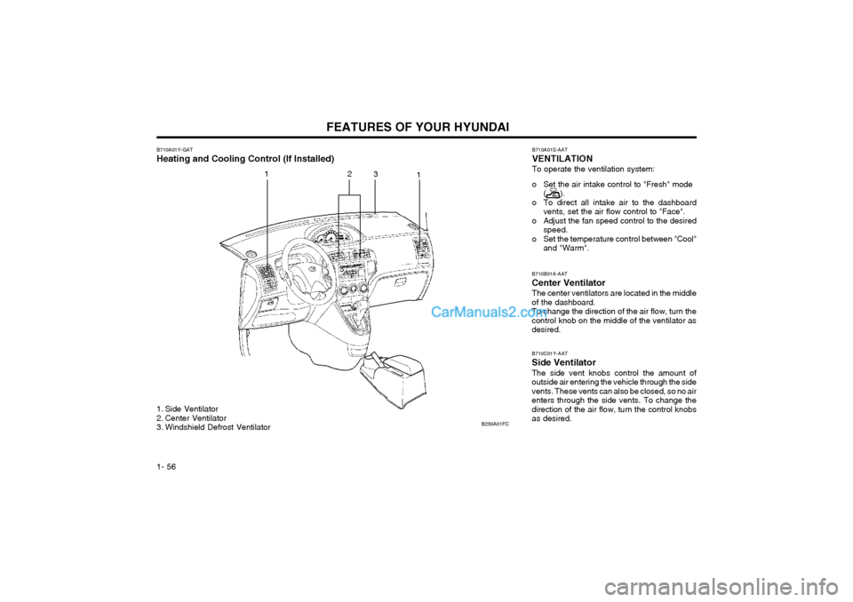 Hyundai Matrix 2004  Owners Manual FEATURES OF YOUR HYUNDAI
1- 56
B710A01Y-GAT 
Heating and Cooling Control (If Installed) 
1. Side Ventilator 
2. Center Ventilator
3. Windshield Defrost Ventilator
B710B01A-AAT Center Ventilator The ce