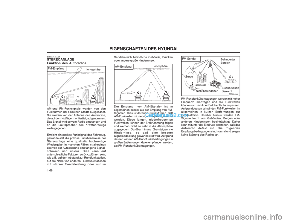 Hyundai Matrix 2004  Betriebsanleitung (in German) EIGENSCHAFTEN DES HYUNDAI
1-68
FM-Sender
B750A03A
Berge Gebäude Behinderter Bereich
Eisenbrücken
Nicht behinderter Bereicht
B750A02A
AM-Empfang
Ionosphäre
AM-und FM-Funksignale werden von den Funkt