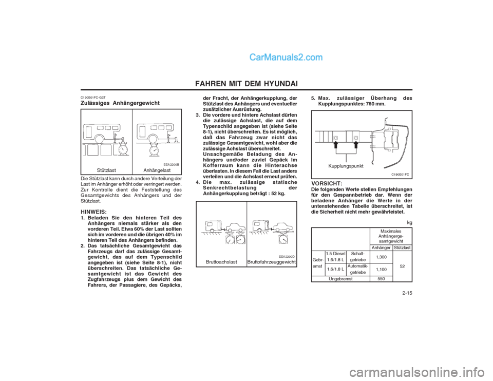 Hyundai Matrix 2004  Betriebsanleitung (in German)   2-15
FAHREN MIT DEM HYUNDAI
kg
Bruttoachslast
SSA2200DBruttofahrzeuggewicht
der Fracht, der Anhängerkupplung, der Stützlast des Anhängers und eventueller zusätzlicher Ausrüstung.
3. Die vordere