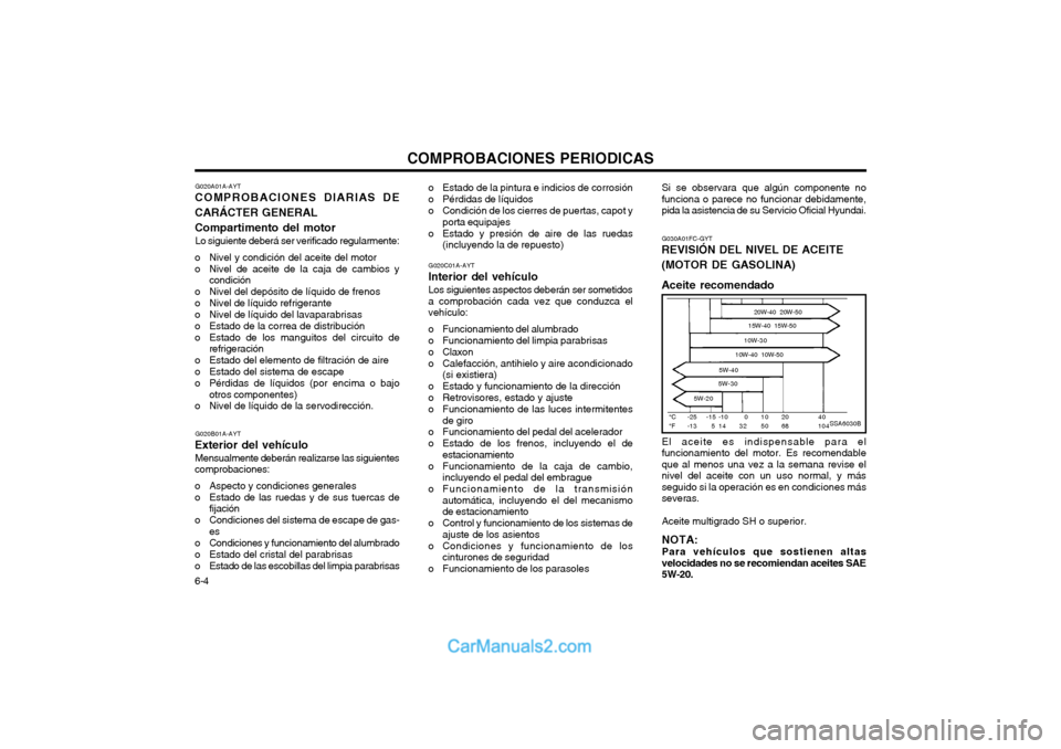 Hyundai Matrix 2004  Manual del propietario (in Spanish) COMPROBACIONES PERIODICAS
6-4 G020A01A-AYT
COMPROBACIONES DIARIAS DE CARÁCTER GENERALCompartimento del motor
Lo siguiente deberá ser verificado regularmente:
o Nivel y condición del aceite del moto