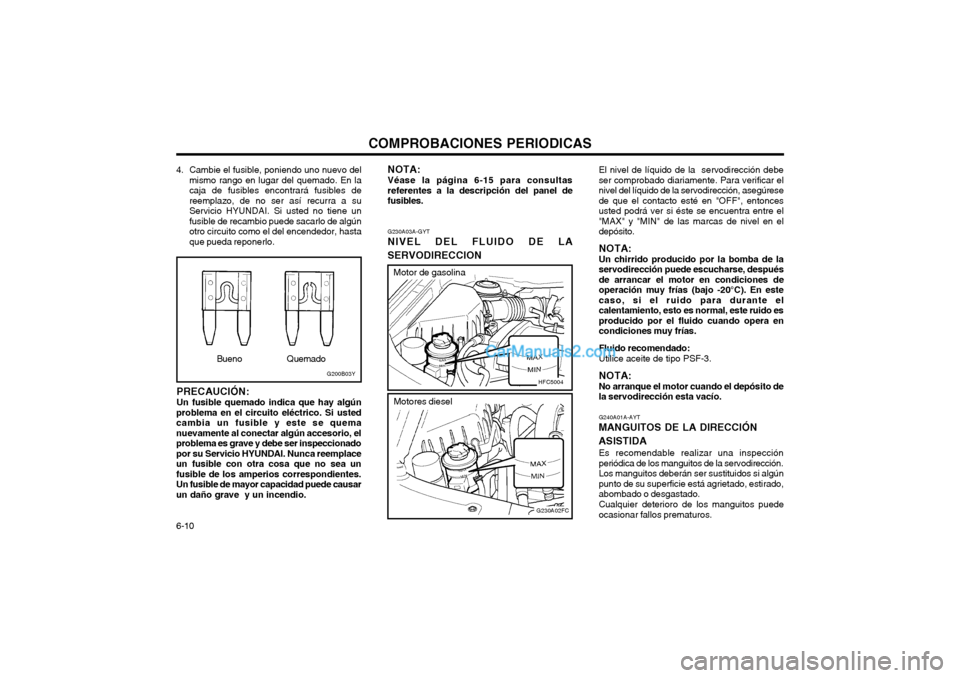Hyundai Matrix 2004  Manual del propietario (in Spanish) COMPROBACIONES PERIODICAS
6-10
G230A02FC
HFC5004
G230A03A-GYT
NIVEL DEL FLUIDO DE LA SERVODIRECCION El nivel de líquido de la  servodirección debe ser comprobado diariamente. Para verificar elnivel 